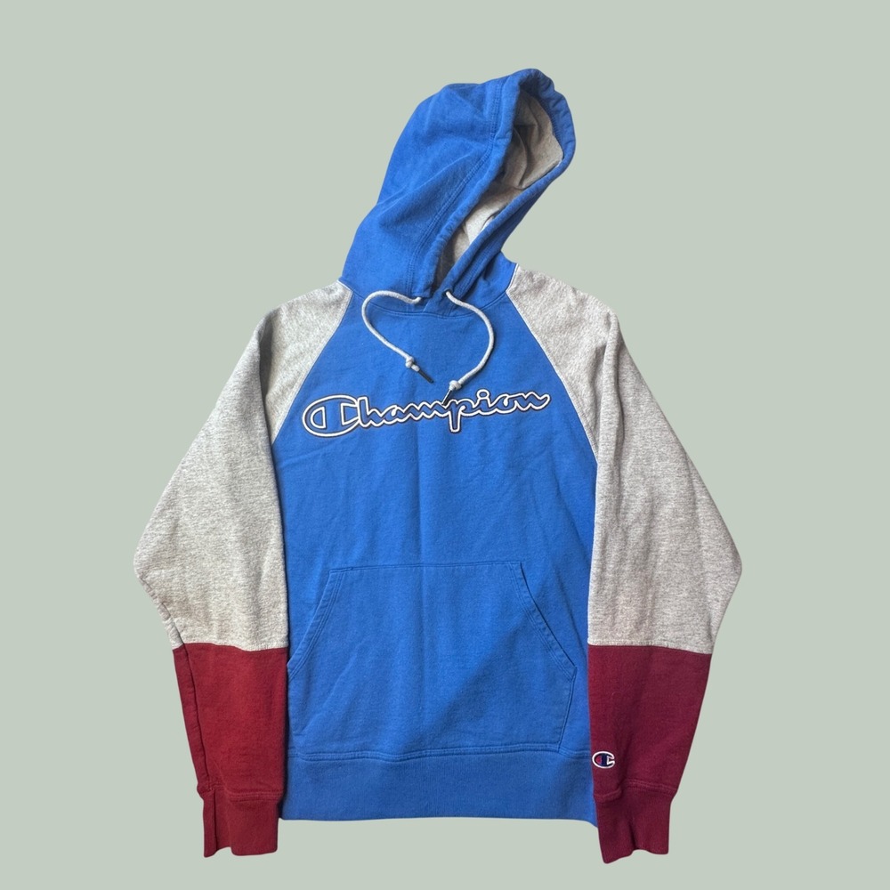 Champion Hoodie Mens S S4360 8Q+ Blue Grey Burgundy Colorblock Script Logo